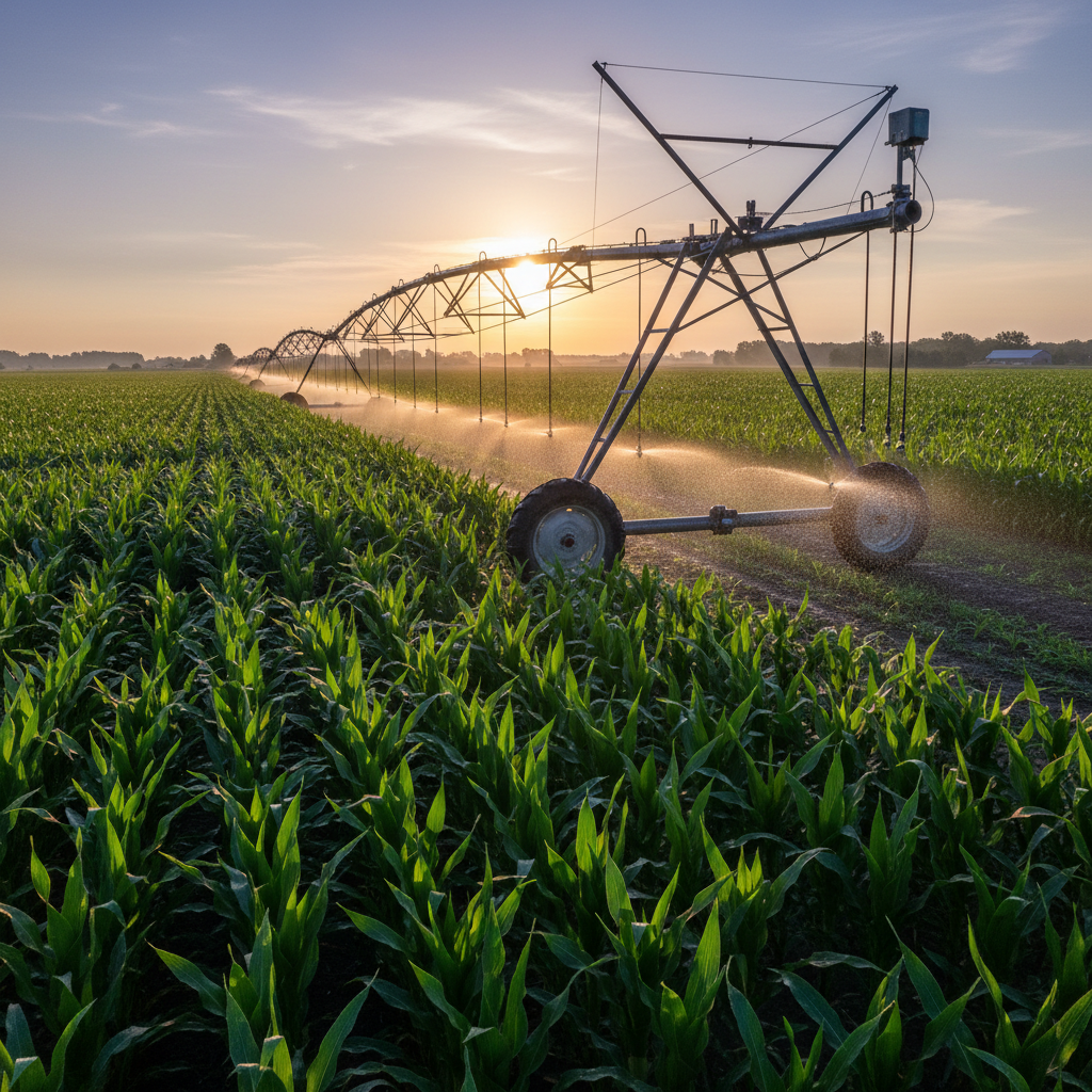 Center pivot irrigation system over corn field in Nebraska at dawn