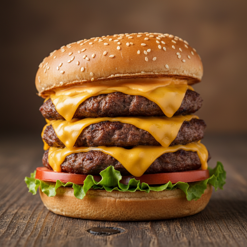 Triple cheese smash burger with melted cheddar on white surface