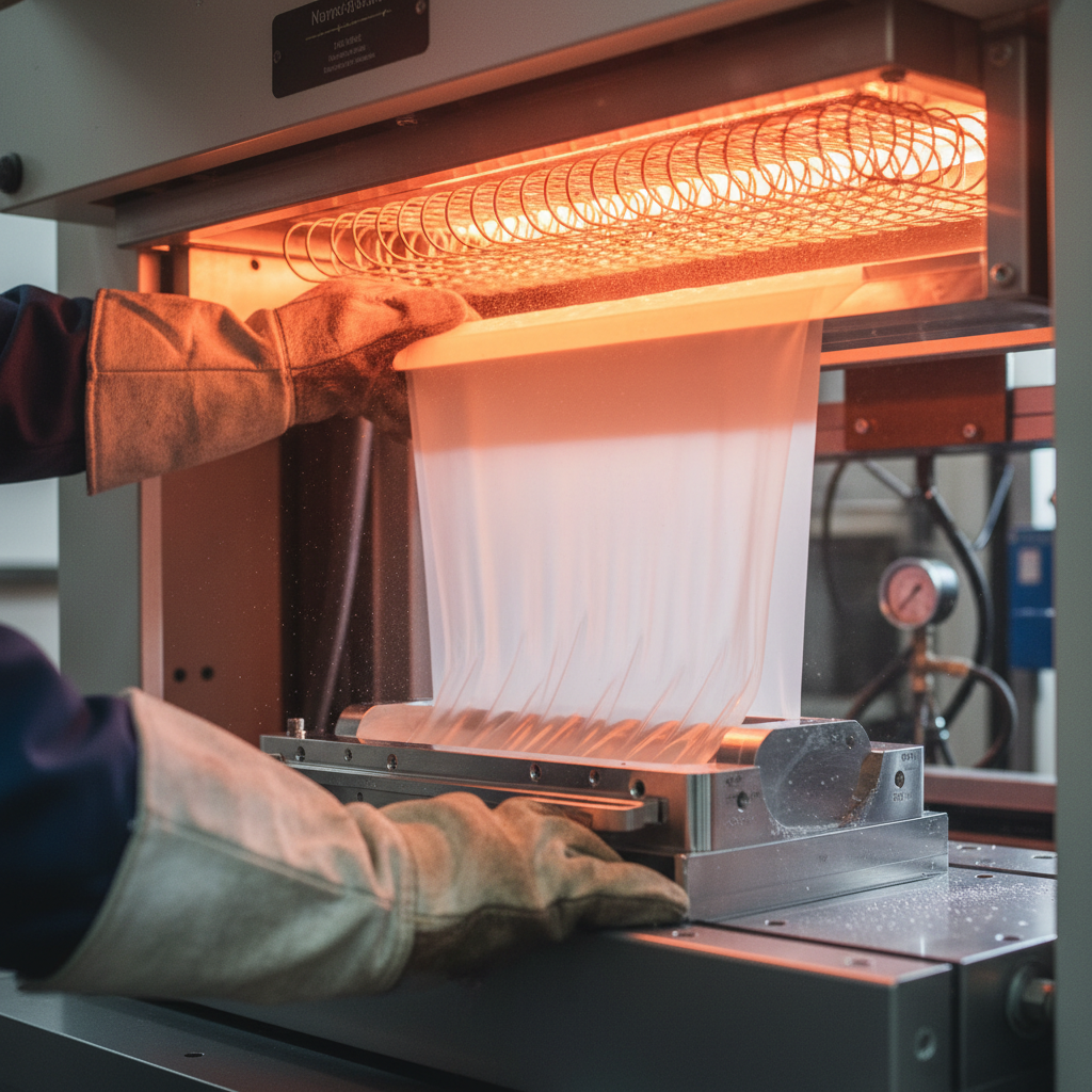 Operator's gloved hands at the load end of a large-format vacuum former, radiant heater bank glowing above a sheet of HIPS just beginning to sag over an aluminum mold