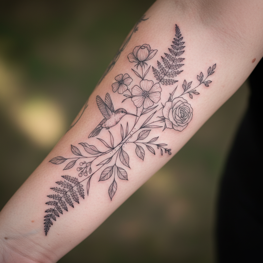Instagram post showing fine line botanical tattoo on inner arm