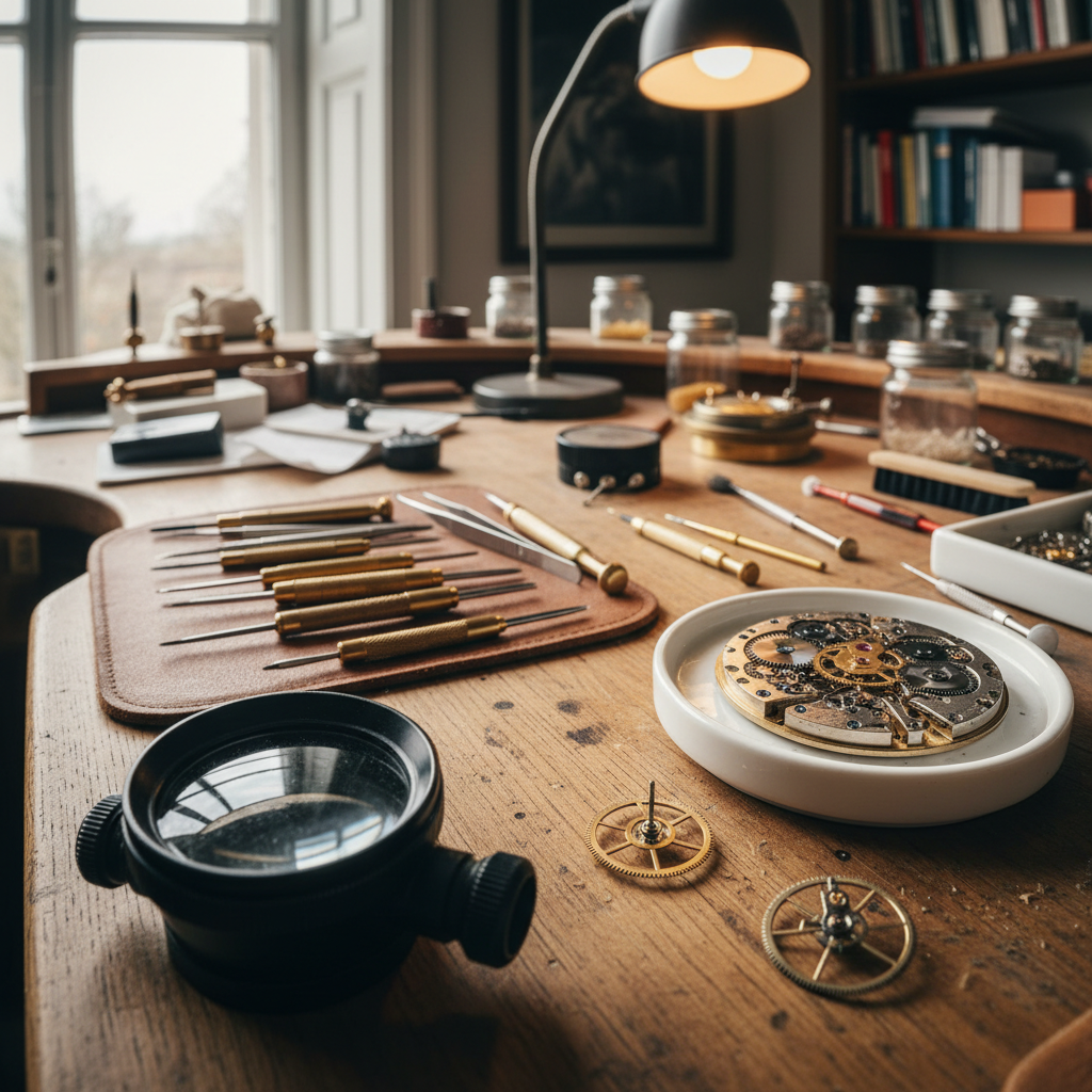Watchmaker tools and movement parts on workbench