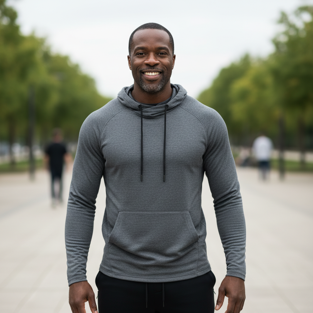 Athletic Black man in casual streetwear, relaxed confident stance, warm lighting