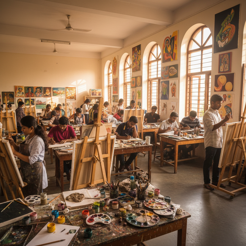 Primary school students engaged in art class with colorful materials on desks bright classroom