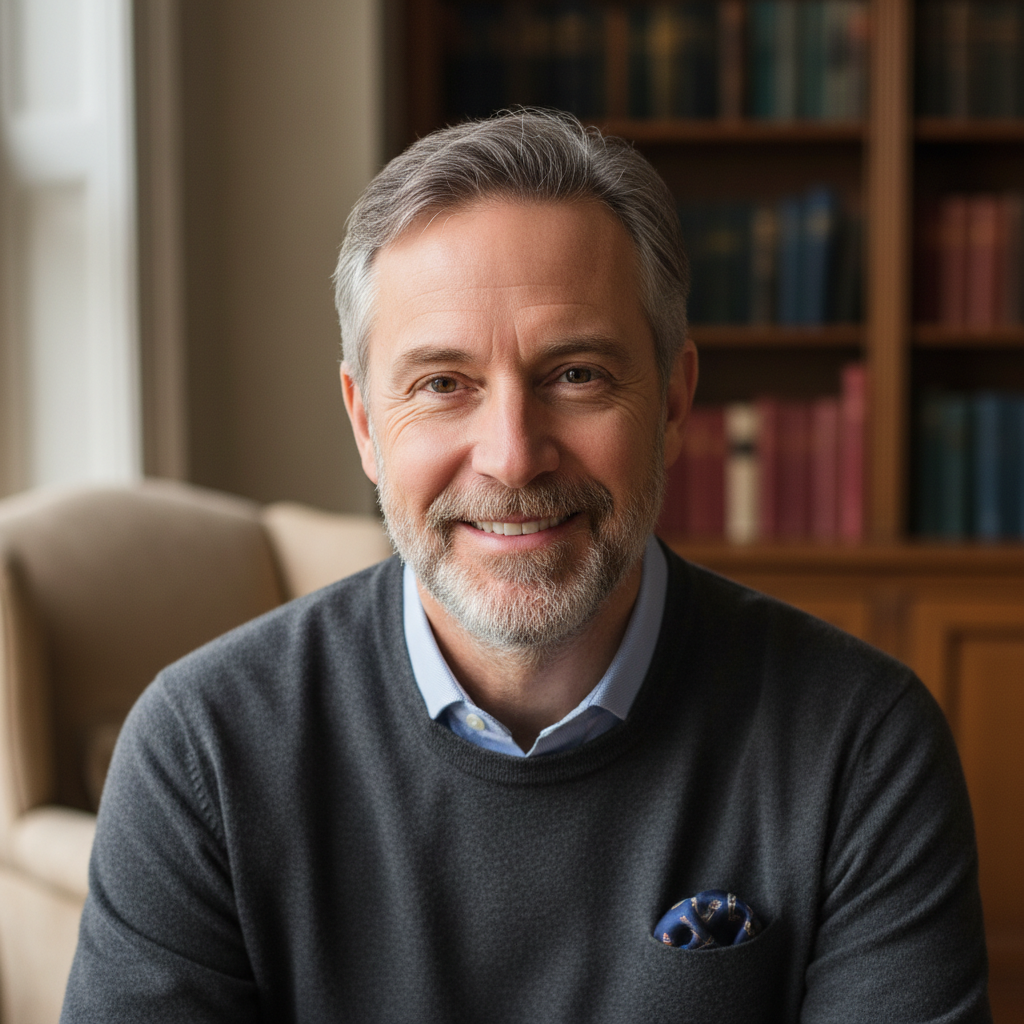 Sophisticated man in his 40s with distinguished appearance and warm smile