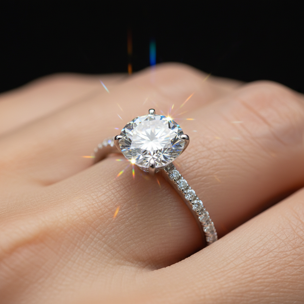 Close-up of a gold diamond solitaire ring on white marble surface, bright studio lighting