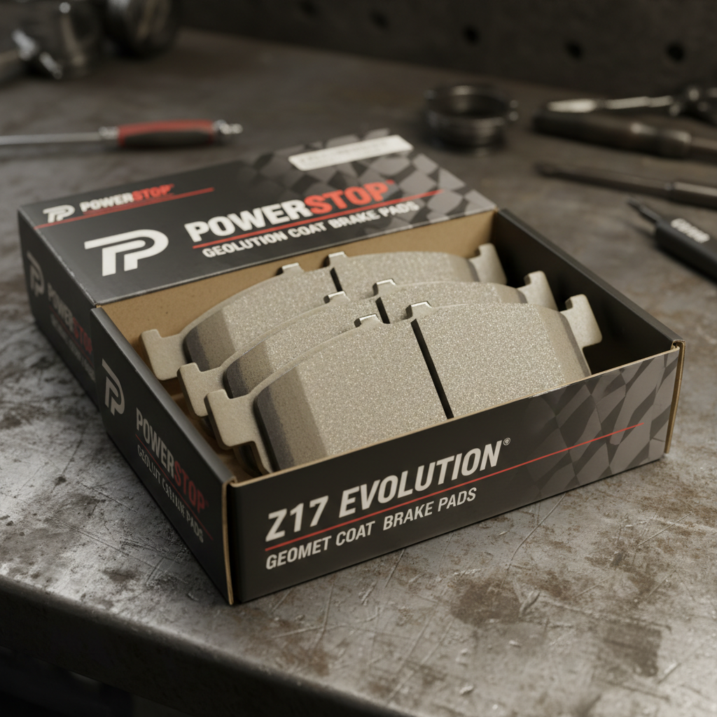 Ceramic brake pad set in branded packaging on steel workbench