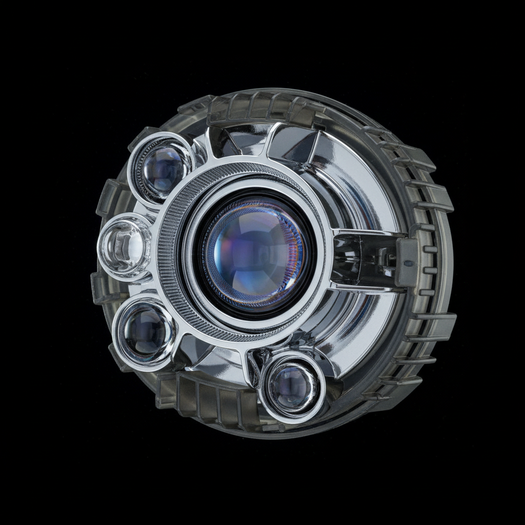 Automotive projector headlamp lens optics, precision optical components, dark background