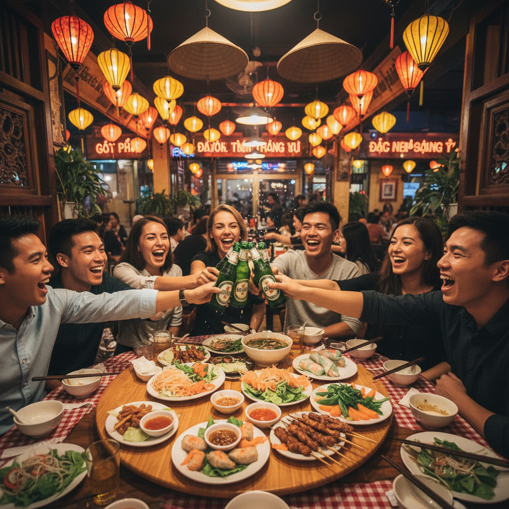 Table of eight friends laughing and clinking Saigon beer bottles at a Vietnamese restaurant
