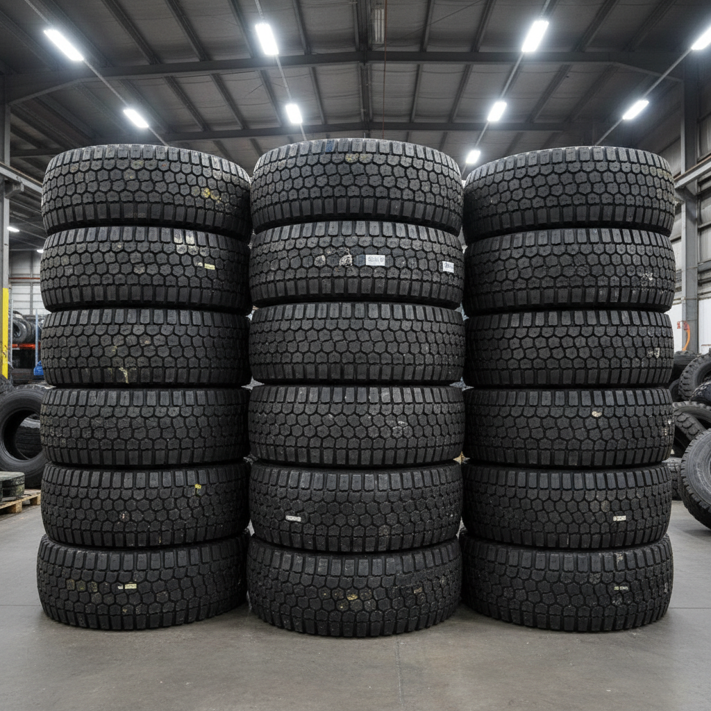 Large commercial truck tires stacked in warehouse for freight transport and long-haul logistics