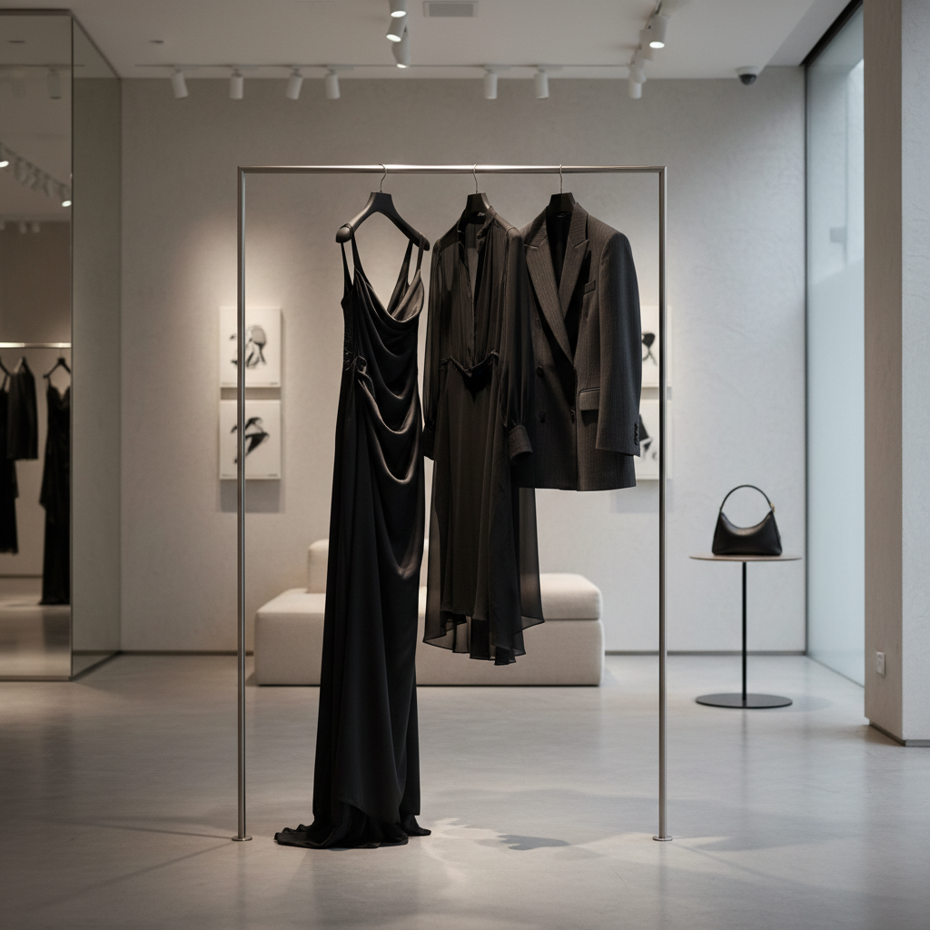Luxury fashion store with dark elegant garments on minimal dark background
