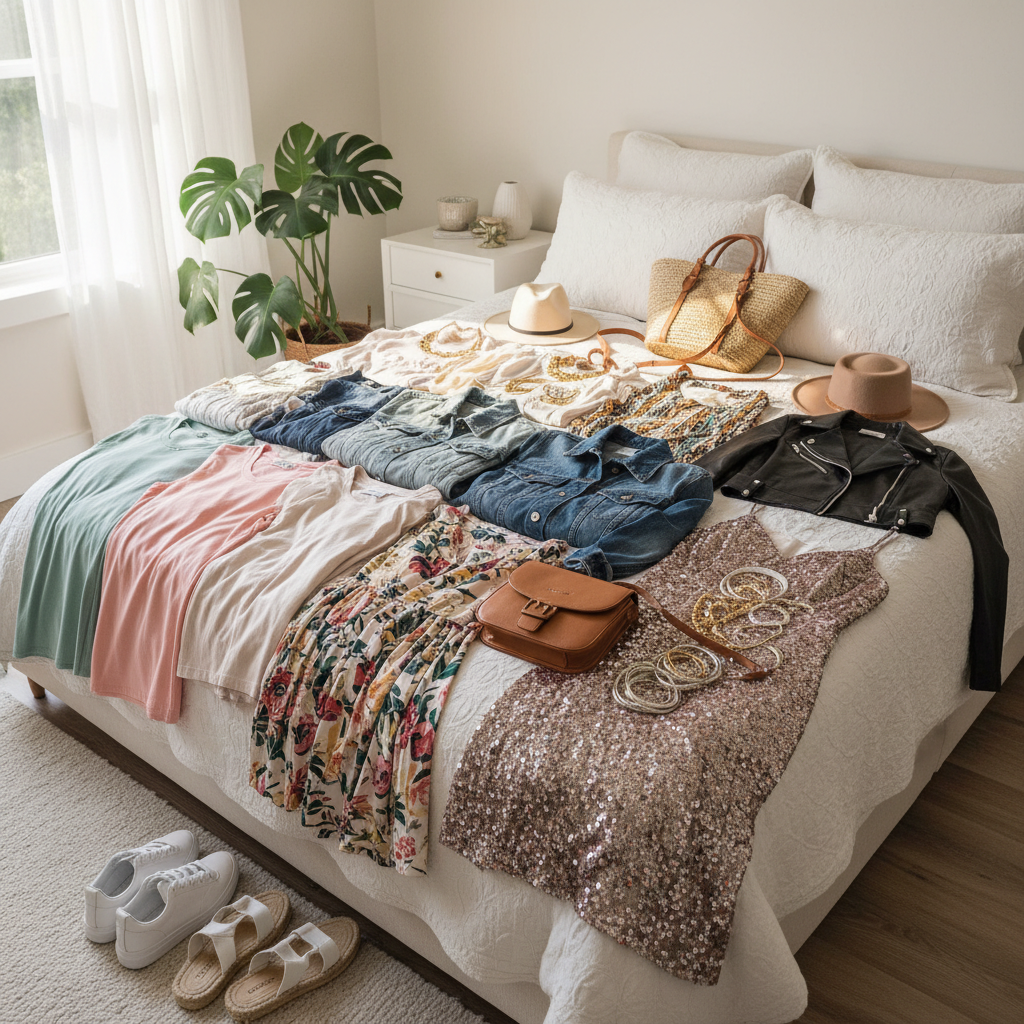 Luxury fashion clothing items neatly arranged on white background