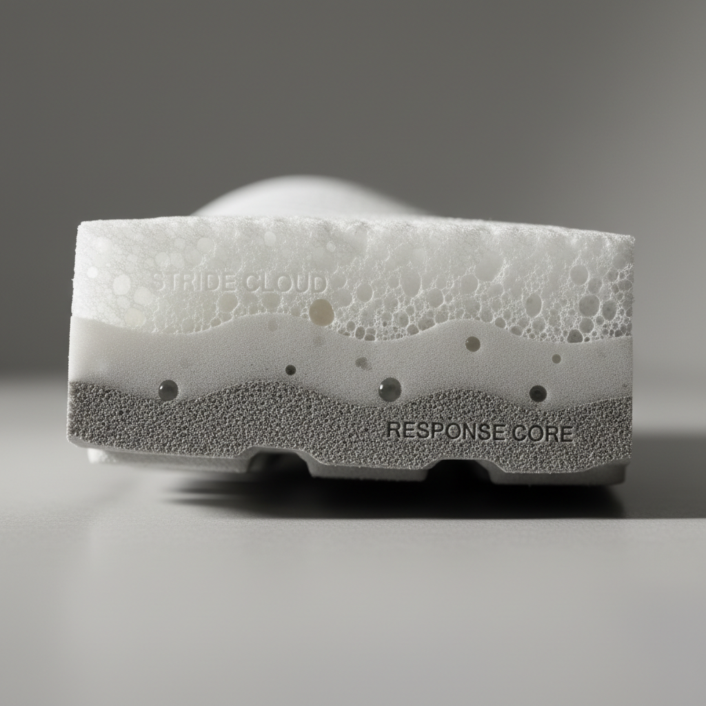 Cross-section macro view of Stride cloud-compound midsole showing dual-density foam layers