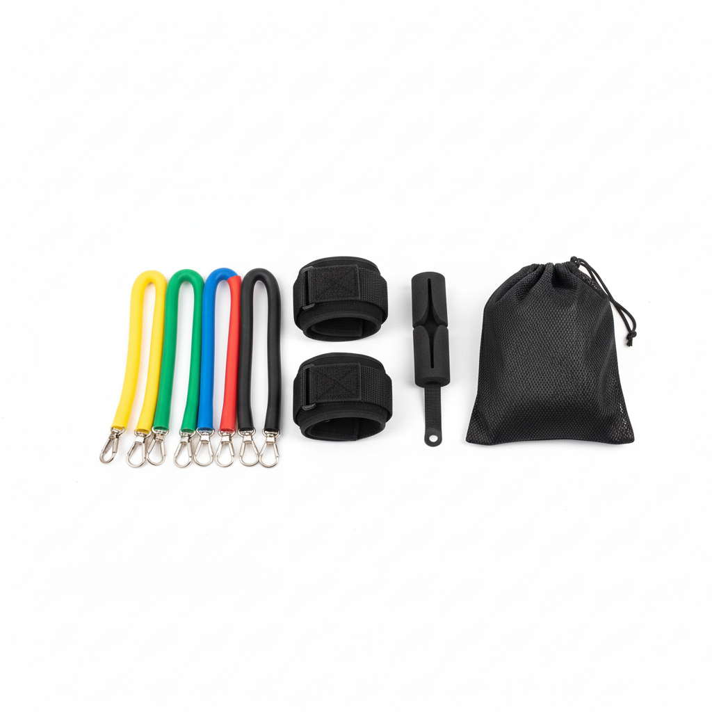 Full resistance band set laid out showing all included pieces