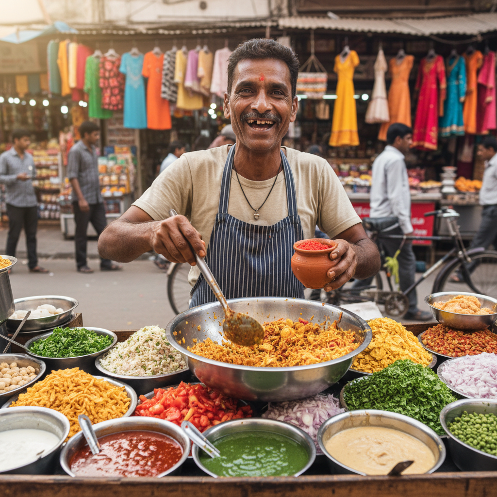 Smiling vendor preparing fresh chaat at Lahori Chaat Corner with colorful ingredients displayed