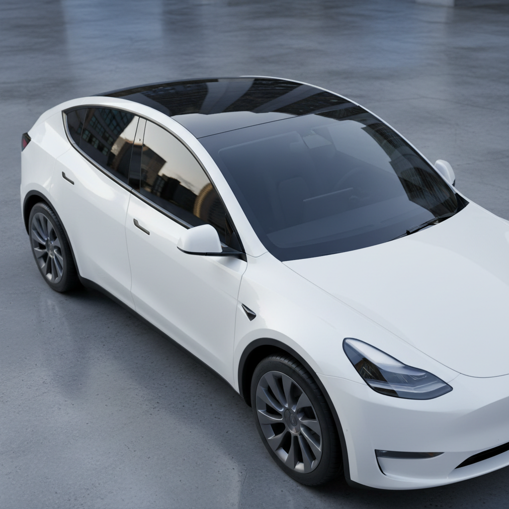 White Tesla Model Y with 35% ceramic tint, glass roof detail, reflection of urban skyline in perfectly applied film