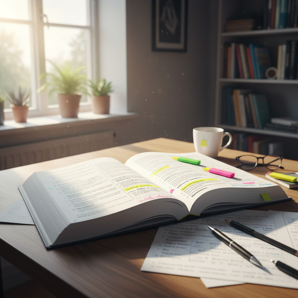 Open book with highlighted text and pen on wooden desk