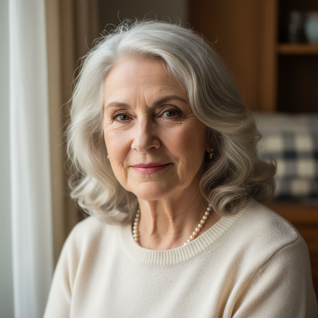 Older woman with silver hair and kind eyes, portrait