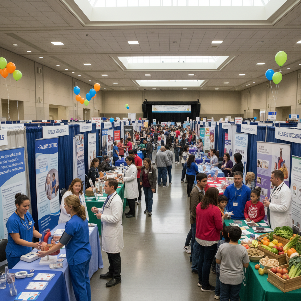 Community health fair with booths and medical professionals in bright indoor venue