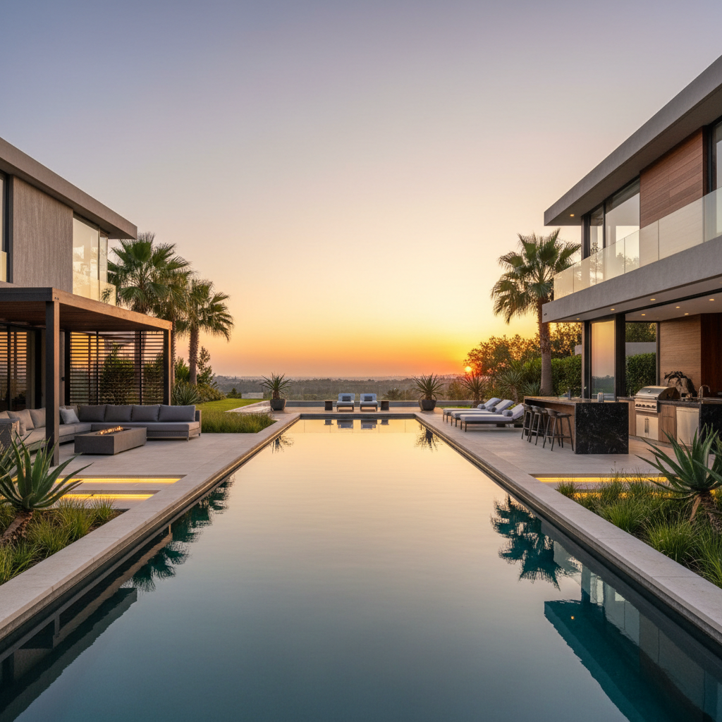 Infinity pool and outdoor entertainment area of Bryanston contemporary villa at sunset