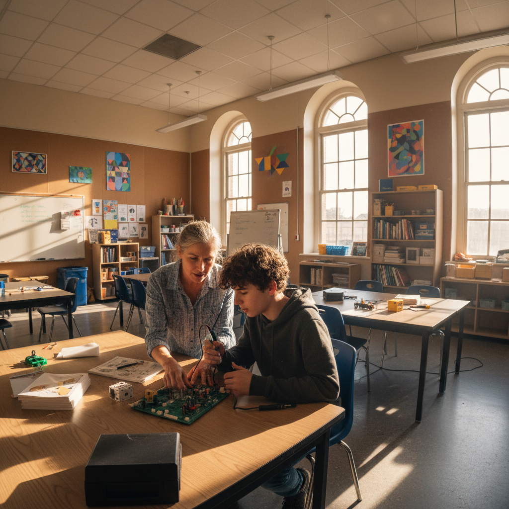 Adult mentor and teenager working together on a project, bright workspace