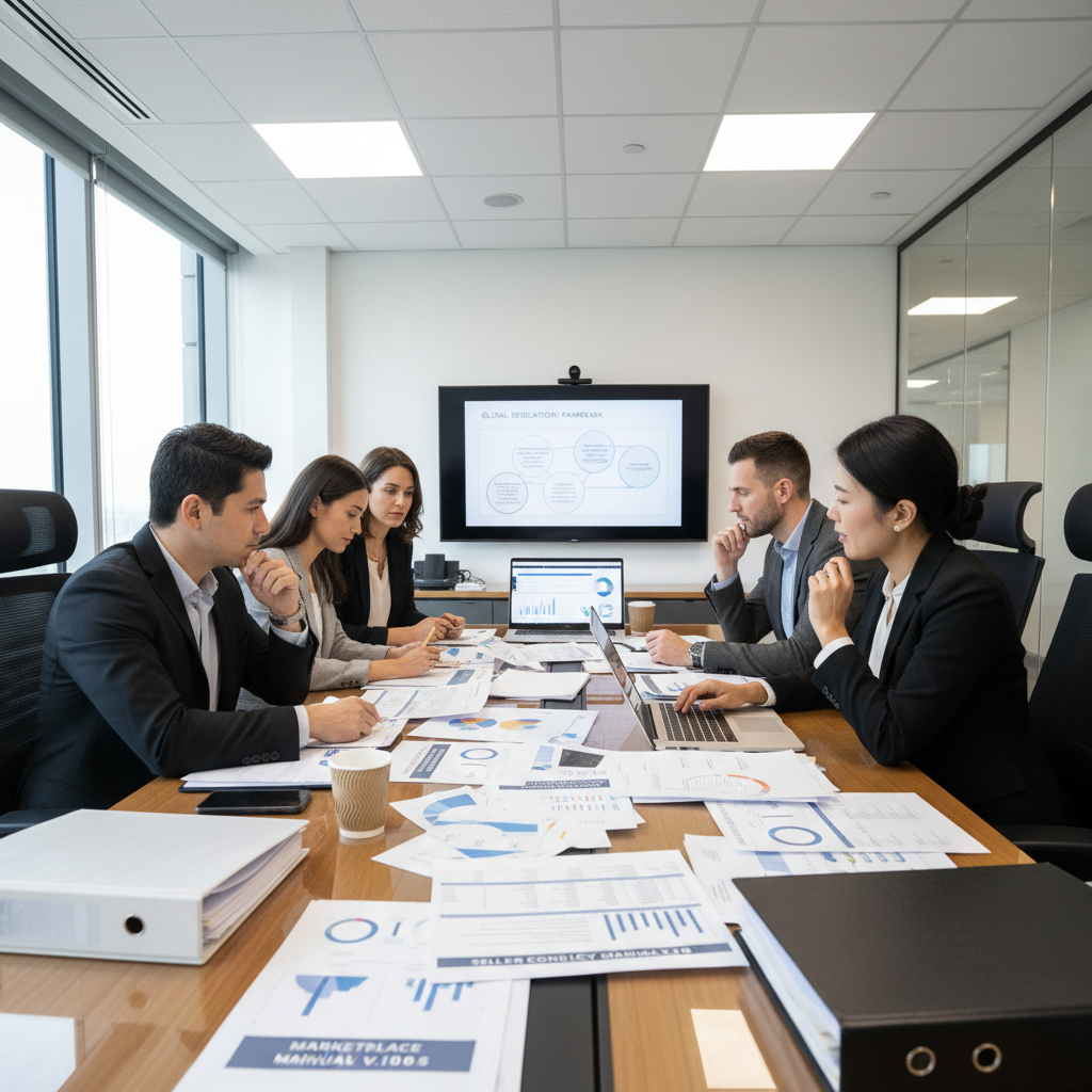 Professional business meeting with executives reviewing financial documents and investment analysis in a well-lit conference room