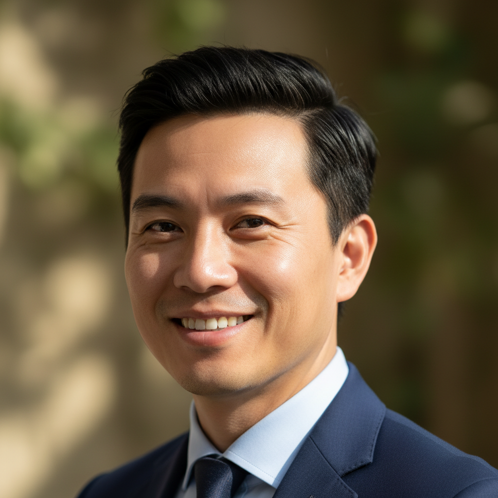 Professional headshot of Asian man with short black hair in charcoal suit with warm smile