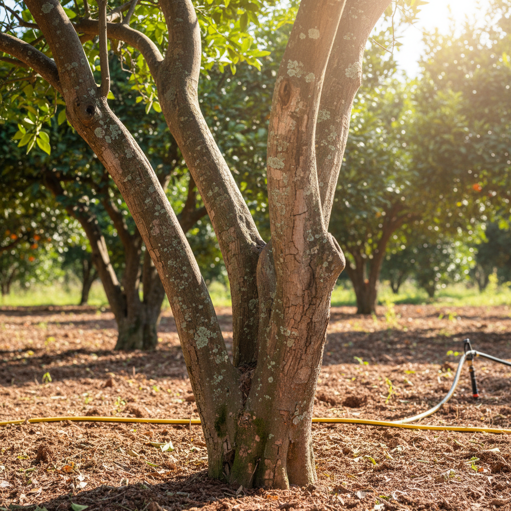Close view of citrus tree trunks with clear ground clearance in a well-maintained Florida grove, equipment access visible