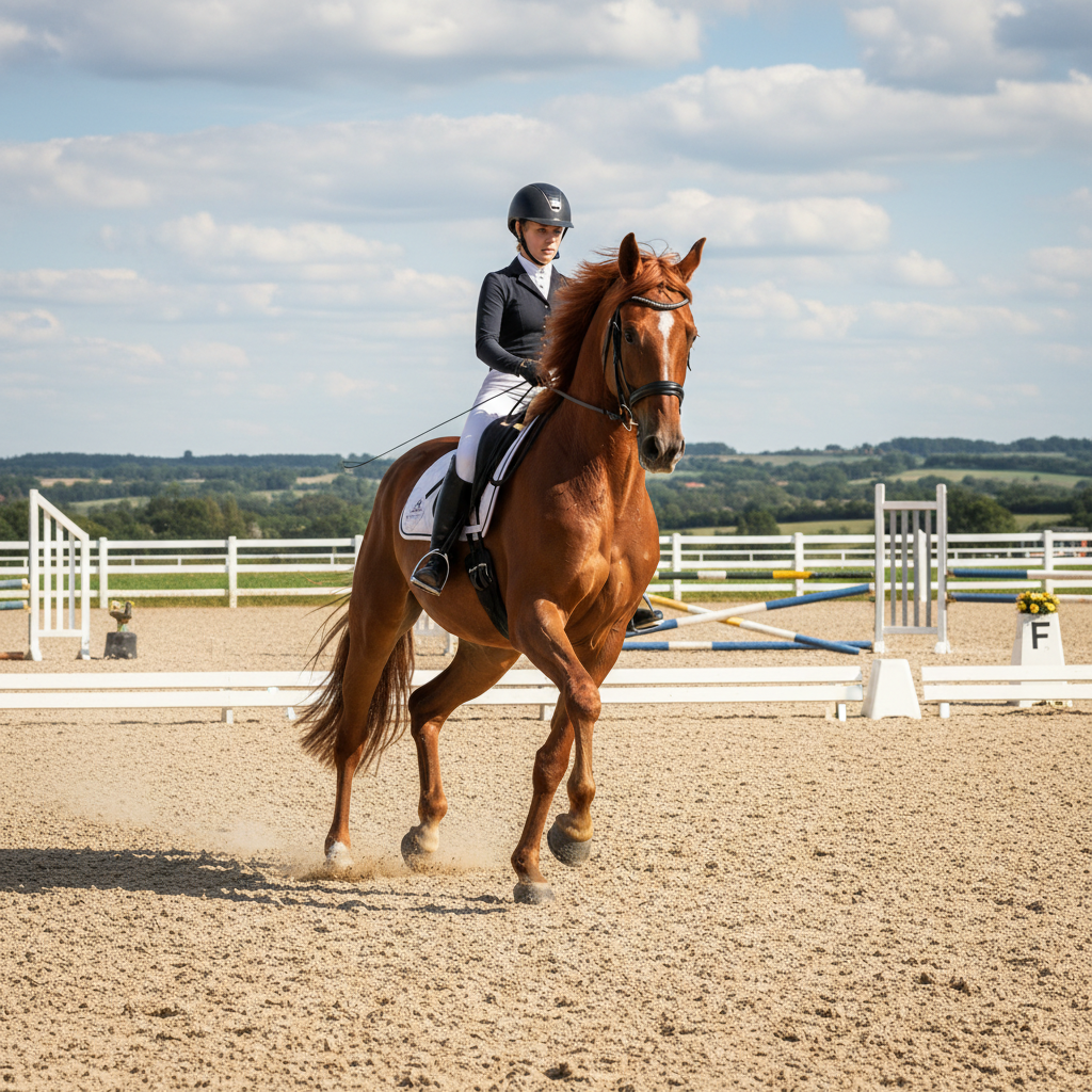 Rider performing dressage on a chestnut horse in an arena