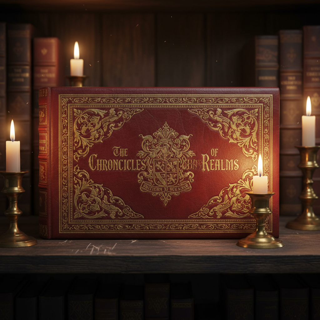 Vintage gold and black art deco book cover on dark wooden surface, dim warm candlelight, shadowed background