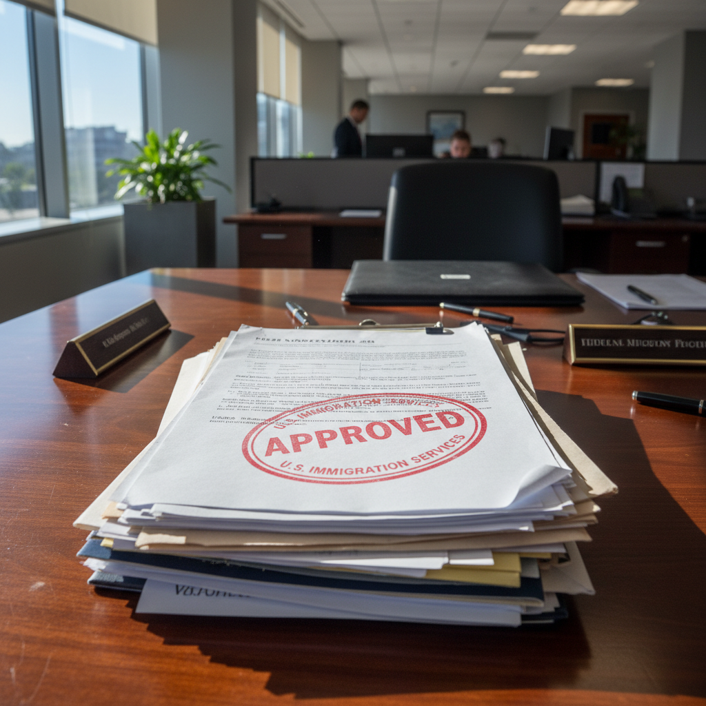 Immigration case file documents with approval stamp on desk in federal office