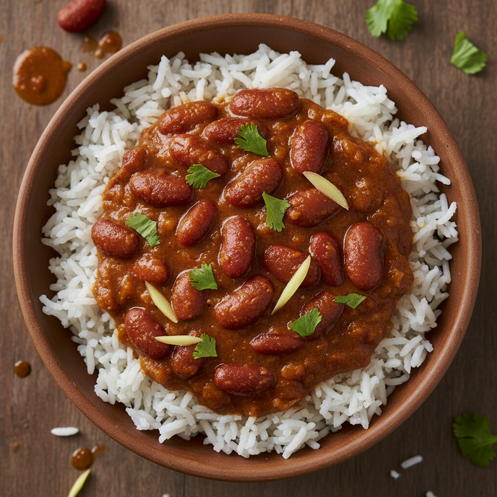 Rajma chawal with dark red kidney beans in thick onion-tomato masala served alongside fluffy white basmati rice