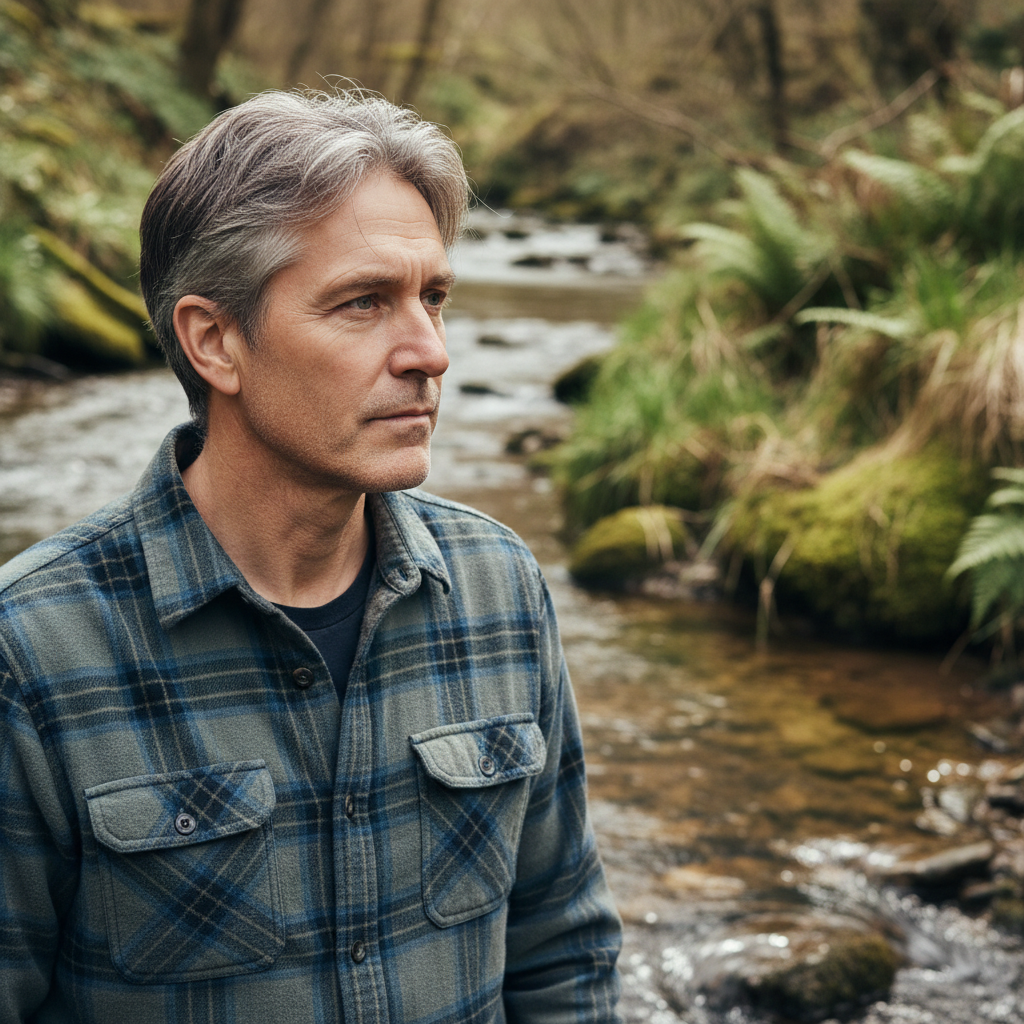 Middle-aged man with gray-streaked hair in a plaid shirt standing in front of a creek, looking thoughtful
