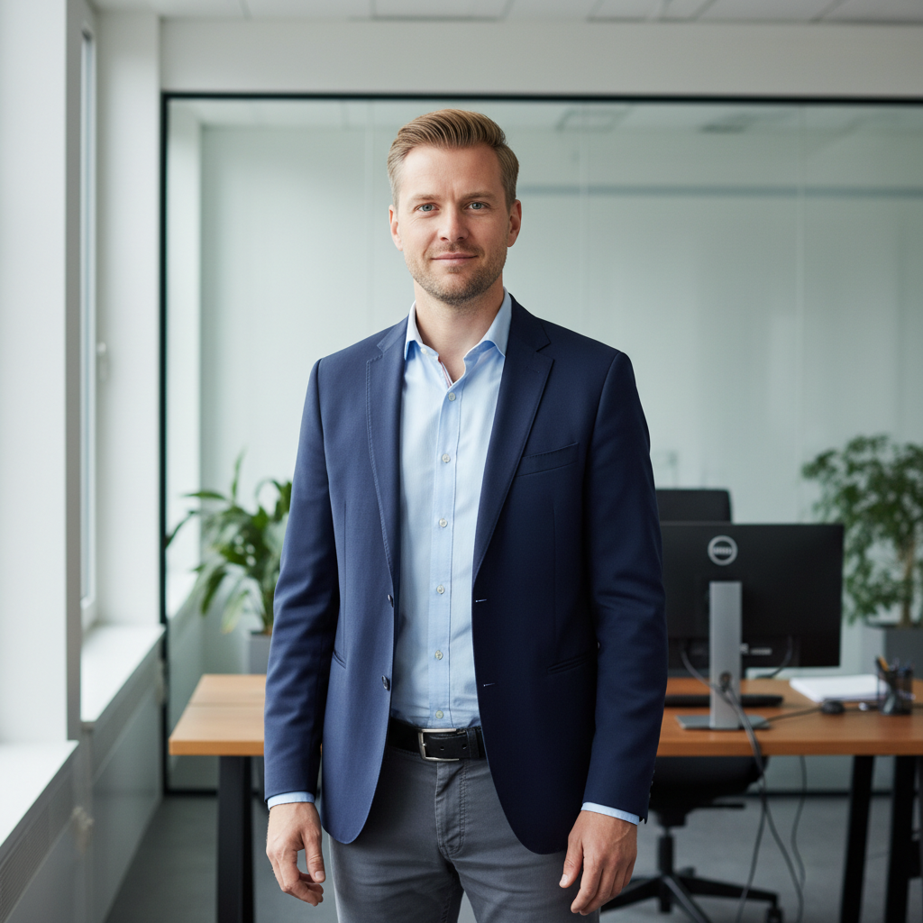 Young European man with light stubble, creative professional in casual dark outfit