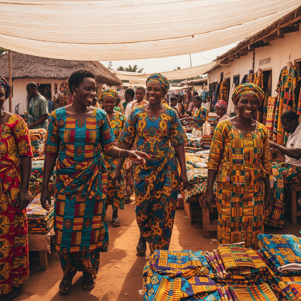 Vibrant West African market scene with colourful fabrics and fresh produce under bright midday sunshine