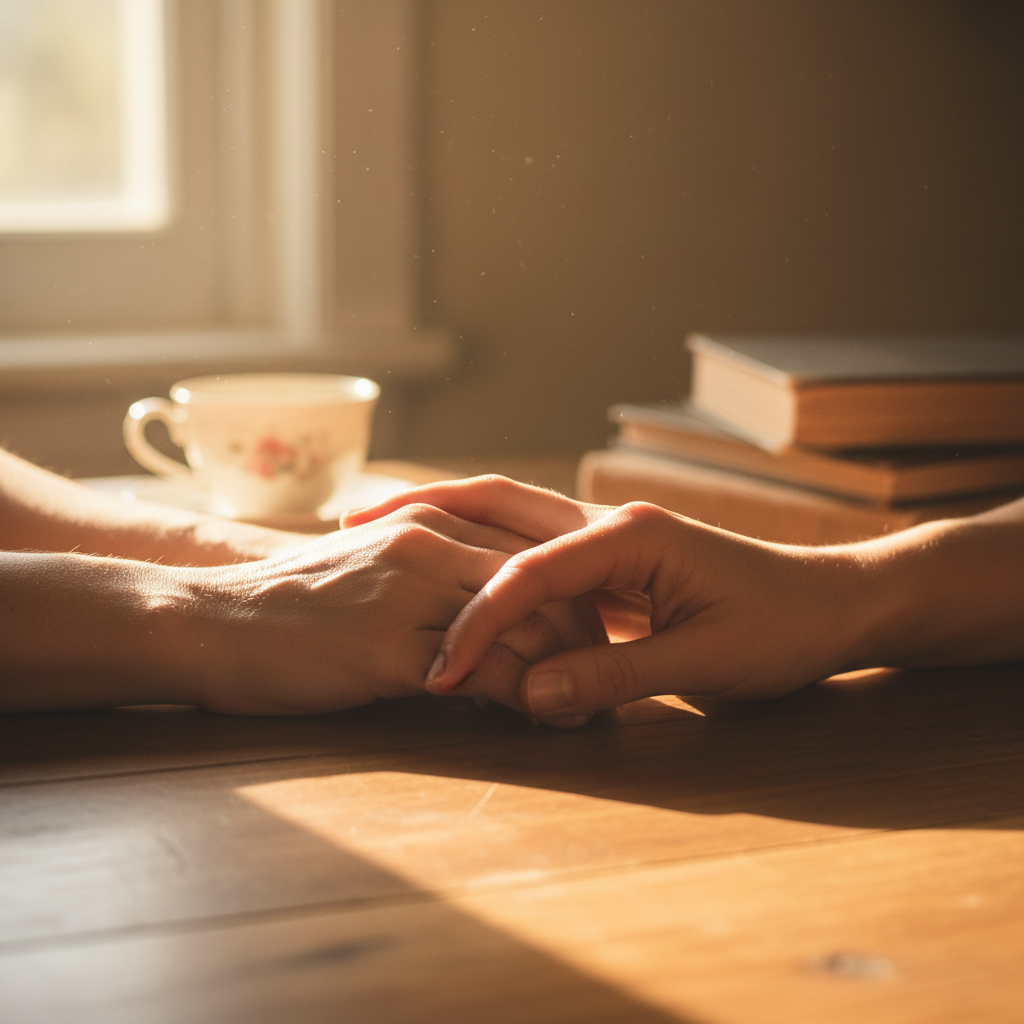 Two hands held across a table, fingers intertwined with warm afternoon light