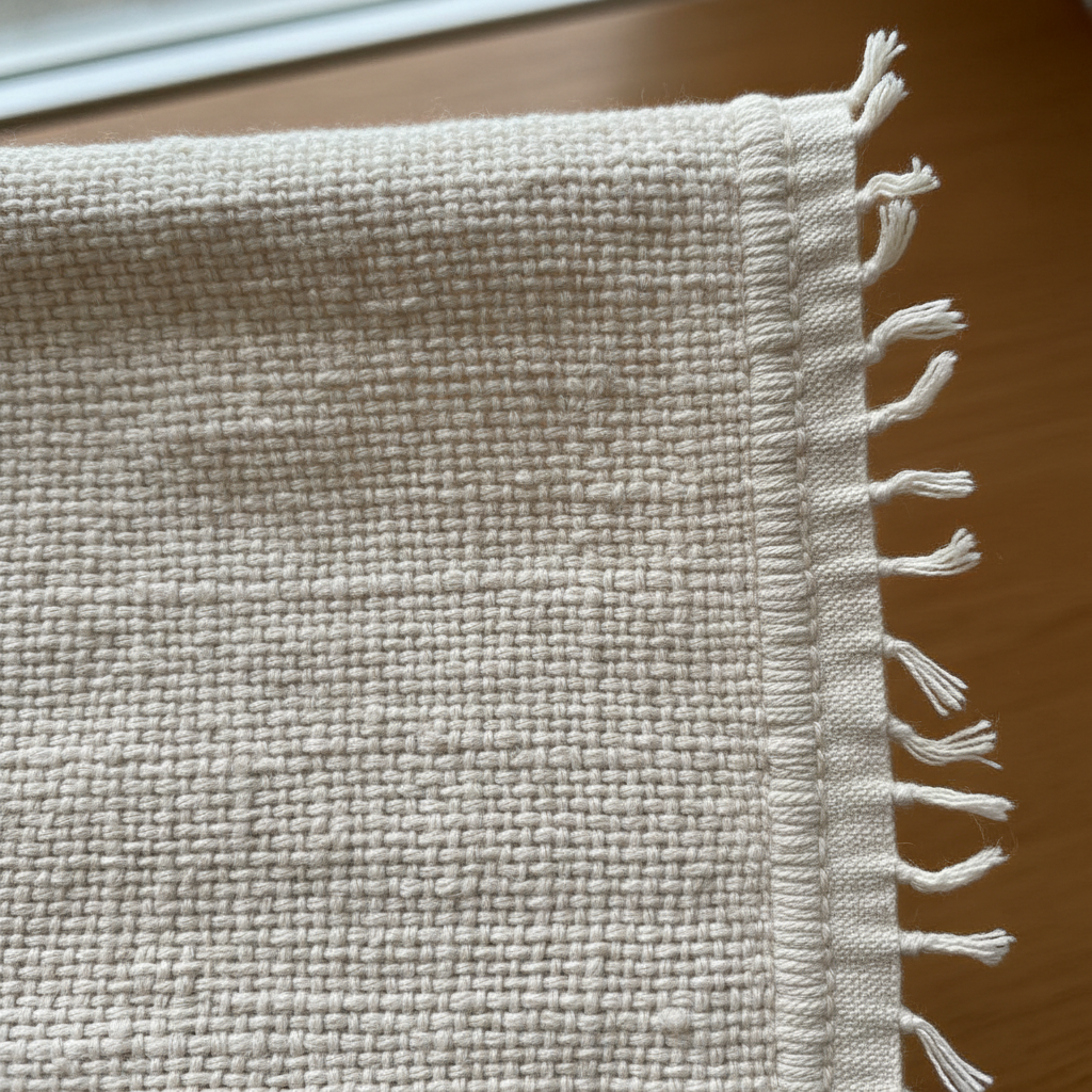 Close-up of hand-loomed cotton fabric showing weave texture and selvedge edge, natural light