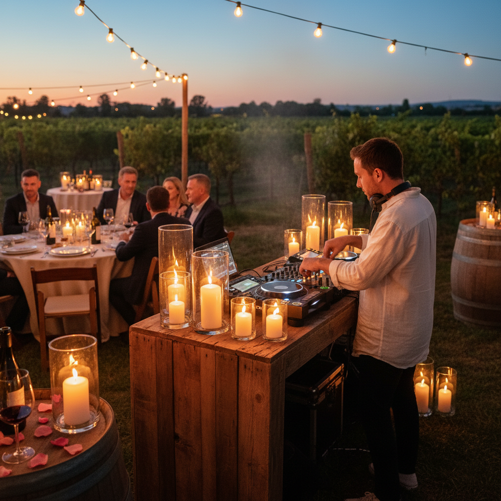 DJ booth at intimate vineyard dinner with candlelight and guests in conversation