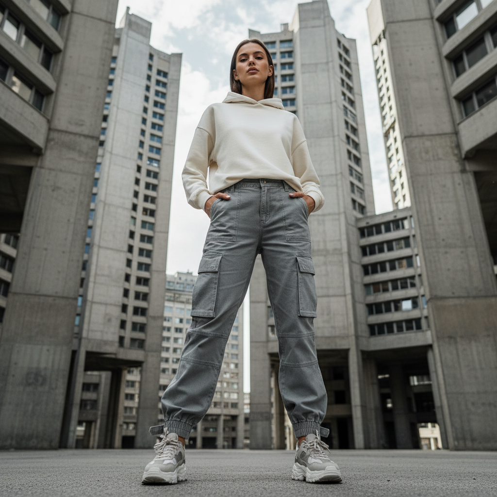 Dark cargo pants product shot on moody studio background, urban utilitarian style
