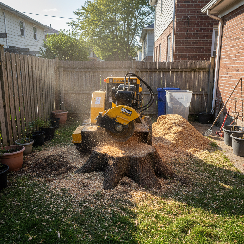 Tree stump grinding equipment in a compact Queens backyard