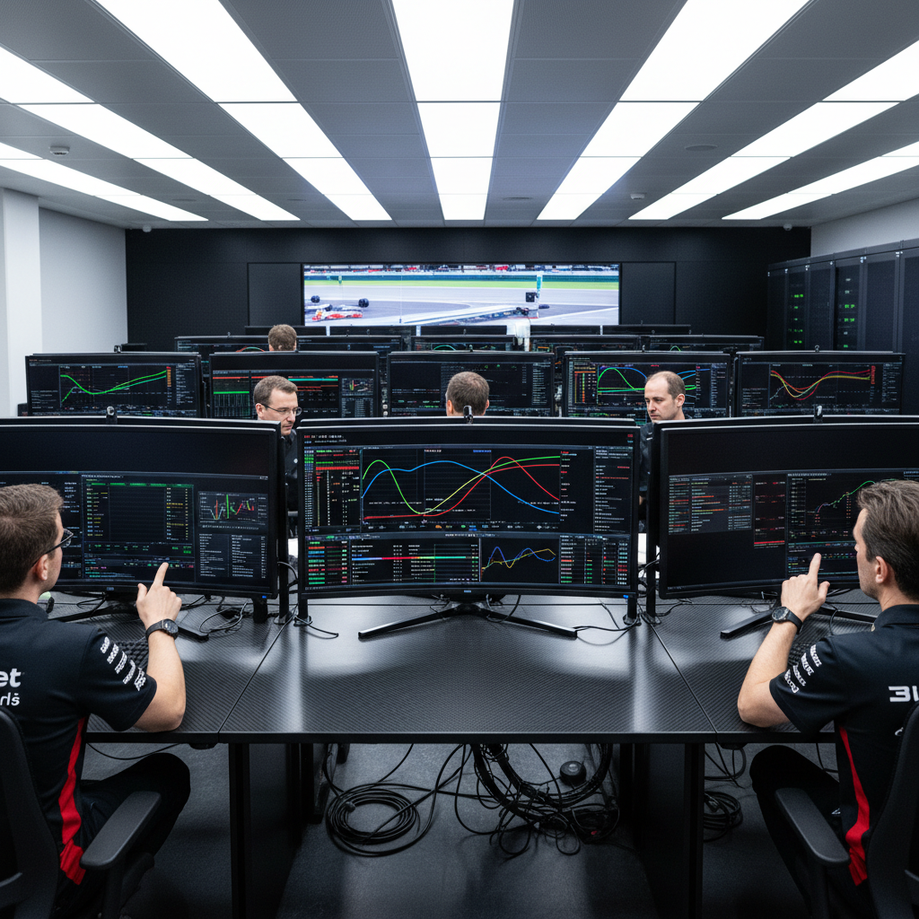 Formula racing engineering suite with telemetry screens showing braking traces and throttle maps