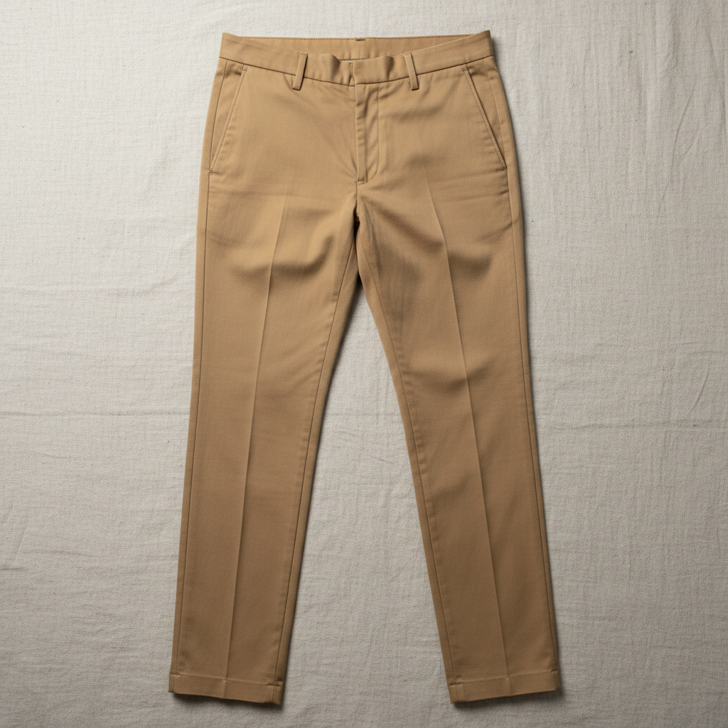 Khaki slim chinos on white background, sharp crease detail