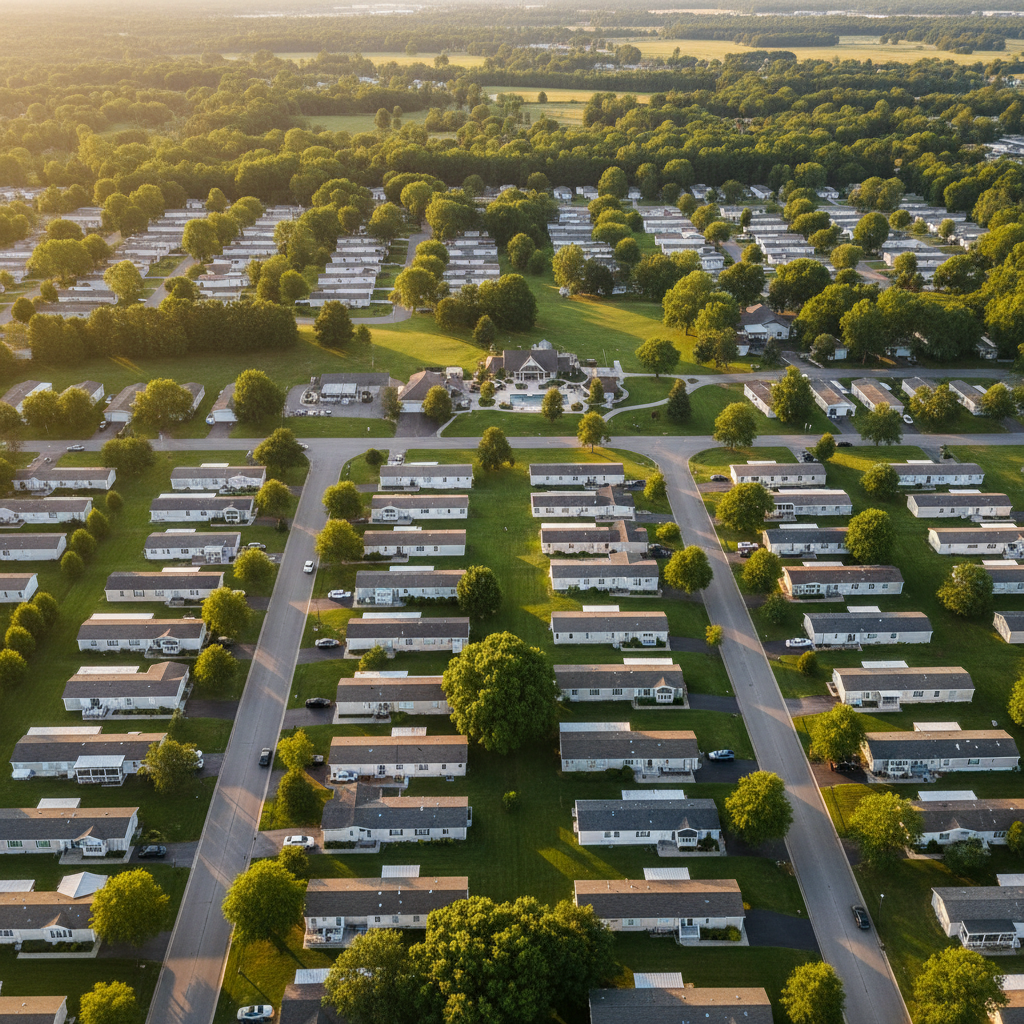 Aerial view of a manufactured home community with green lawns and mature trees at golden hour