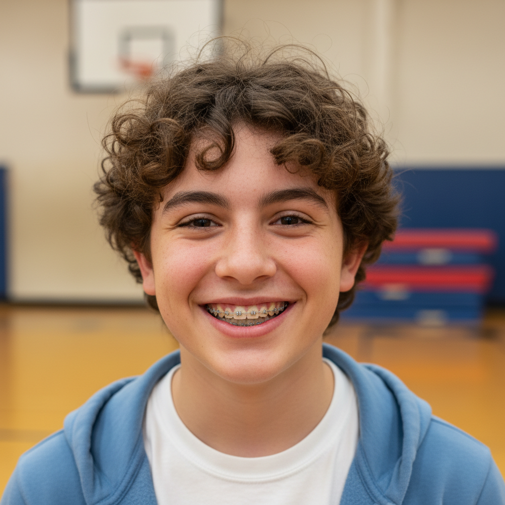 Middle school student smiling in casual portrait with school gymnasium background