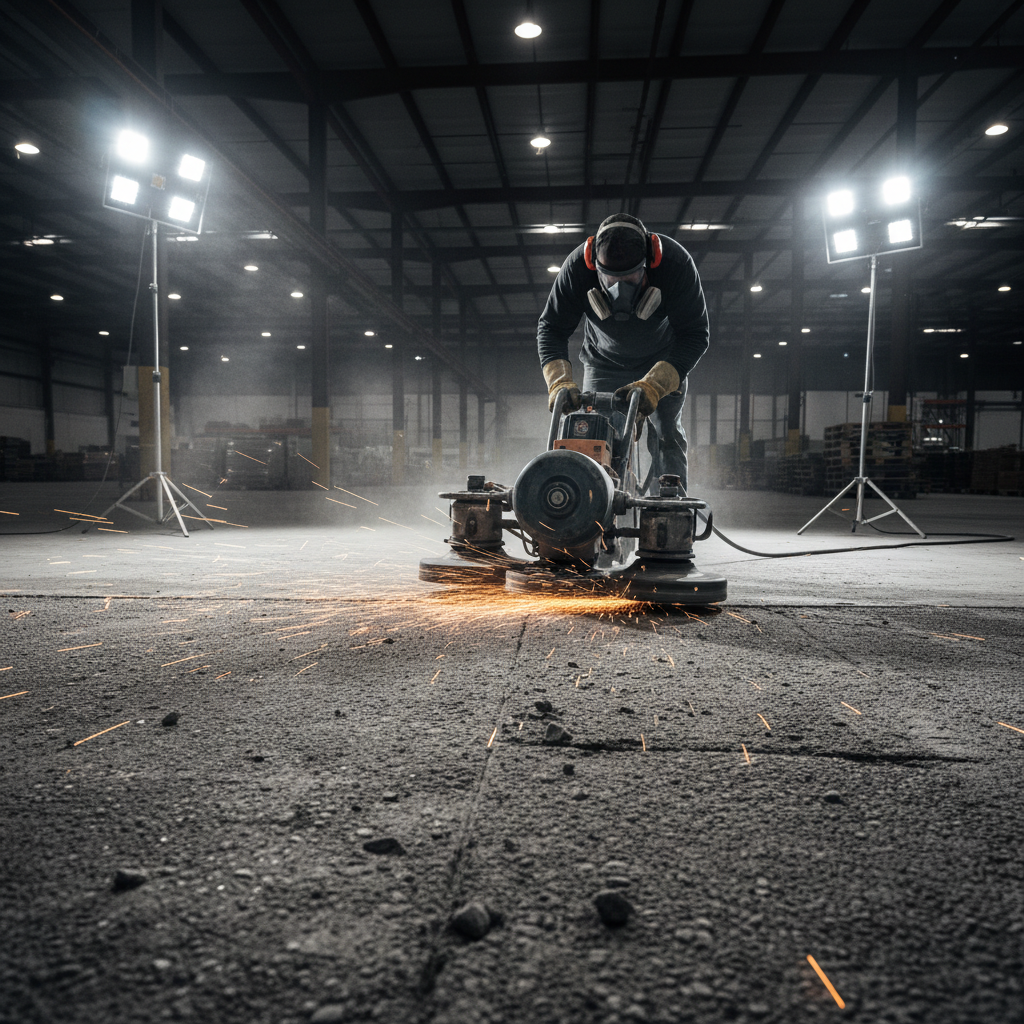 Industrial concrete floor being ground by a planetary grinder, diamond segments sparking against aggregate, operator in full respirator lit by work lights