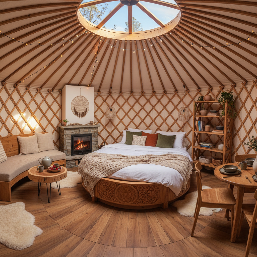 Finished yurt interior with natural light and wooden furniture ready for first guests
