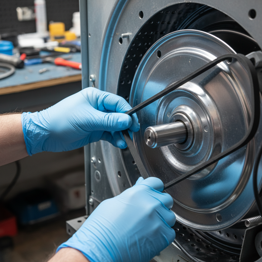 Technician's hands reconnecting a drum belt inside a front-loading washing machine, workshop light catching chrome components