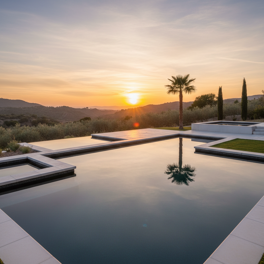 Geometric pool at golden hour, water perfectly still mirroring the sky in crystal clarity