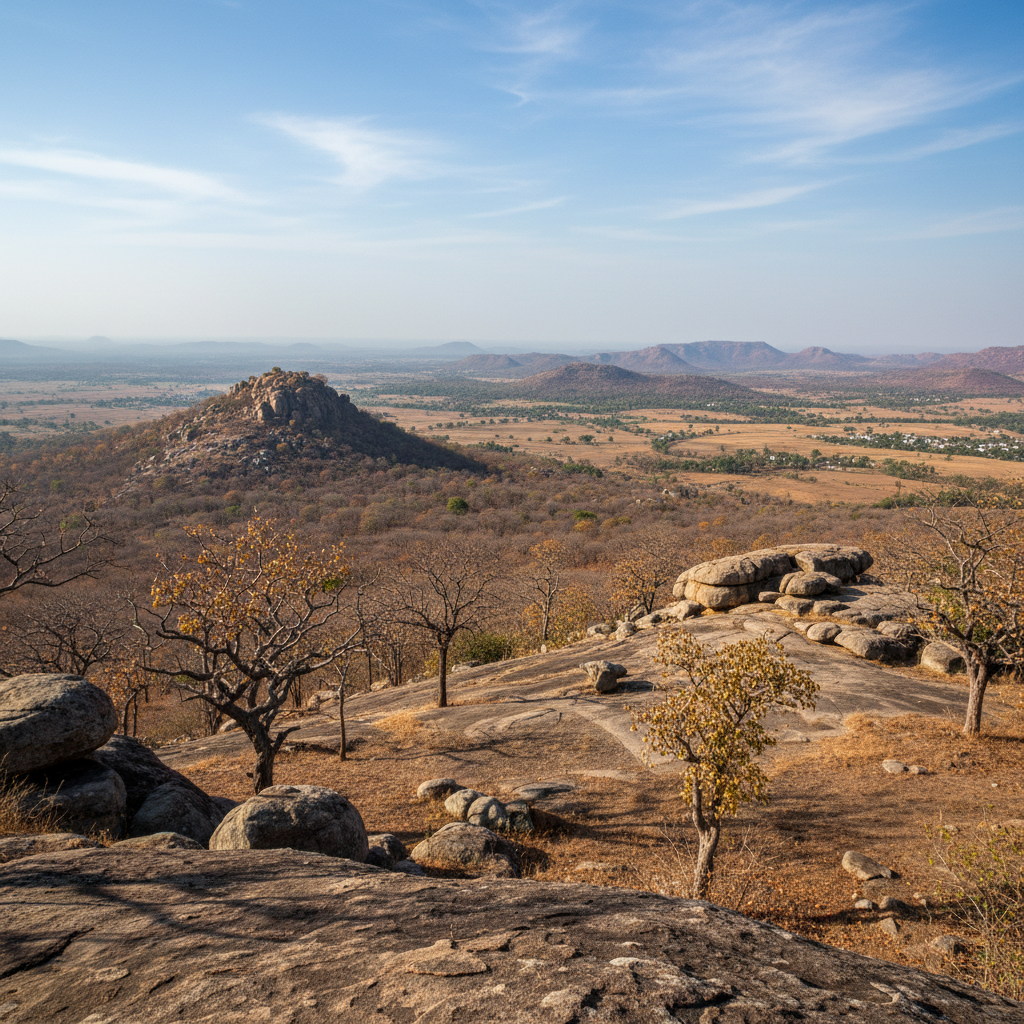Rocky hilltop sanctuary with boulders and sparse vegetation, clear blue sky above Karnataka hills