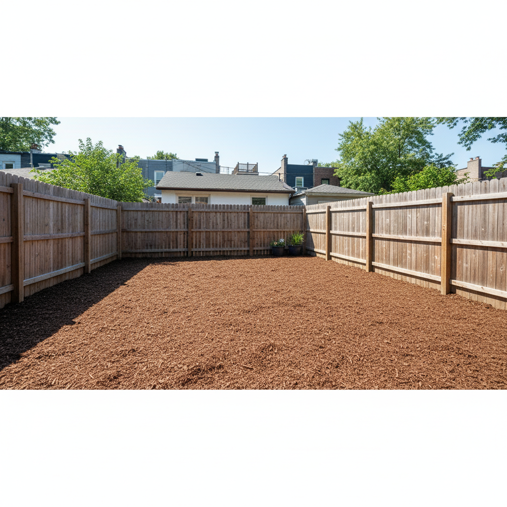 Clean Park Slope Brooklyn backyard after complete tree removal and cleanup with fresh mulch and clear fence line