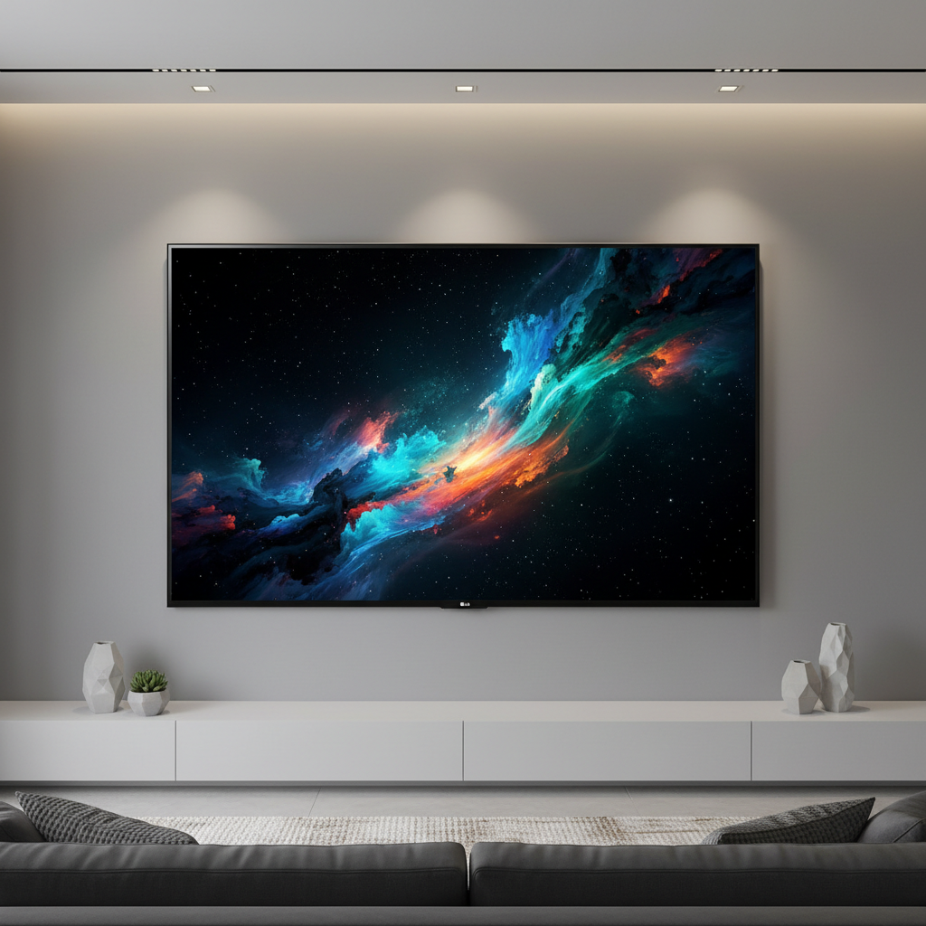 Large flat-screen OLED television mounted on a white living room wall